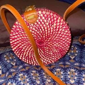 Red woven bamboo bag
